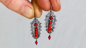 Vintage Oaxacan Filigree Earrings. Coral & Silver. Gusanos. Mexico. Frida Kahlo