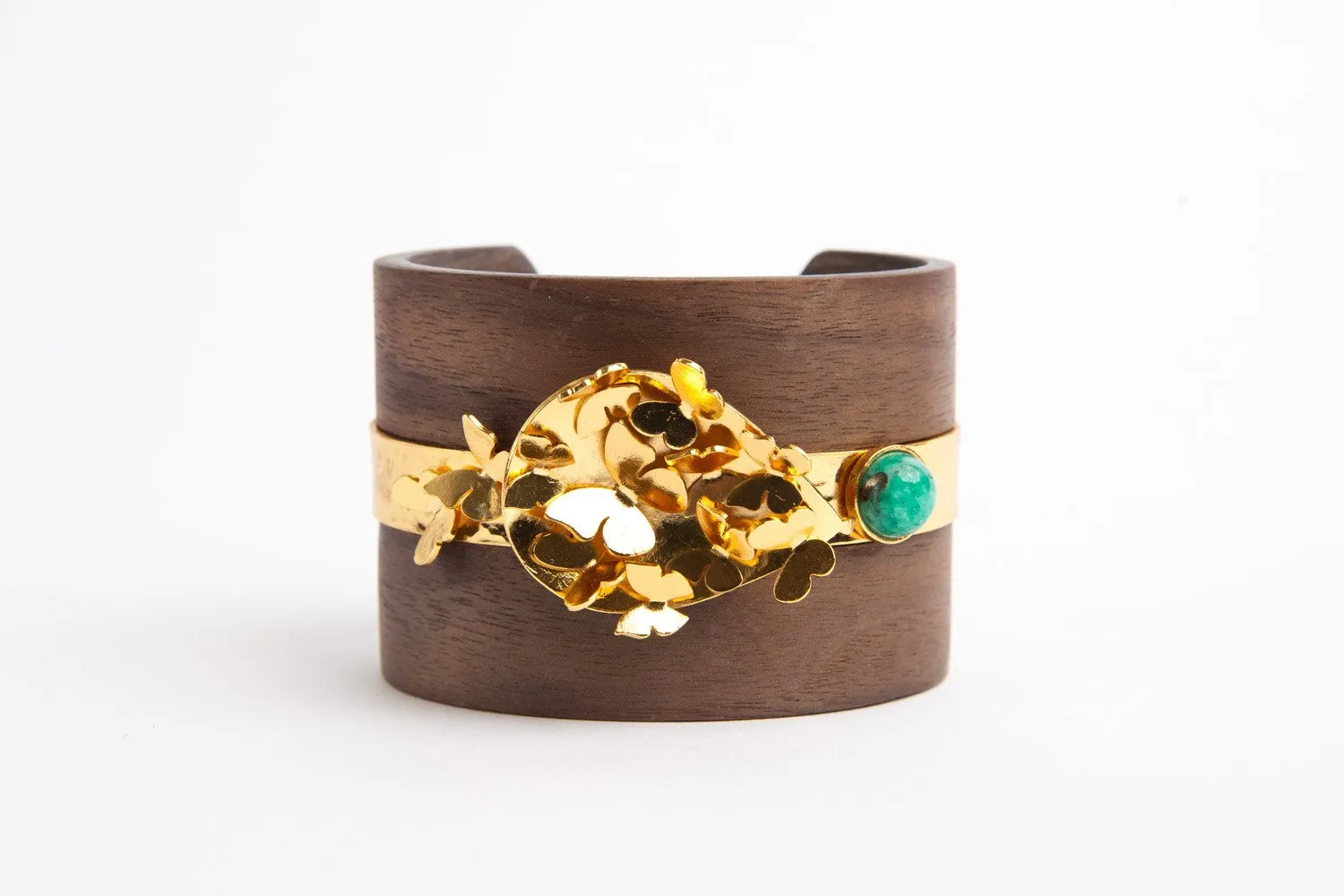 Wooden Cuff with 24K Gold & Emerald Cabochon