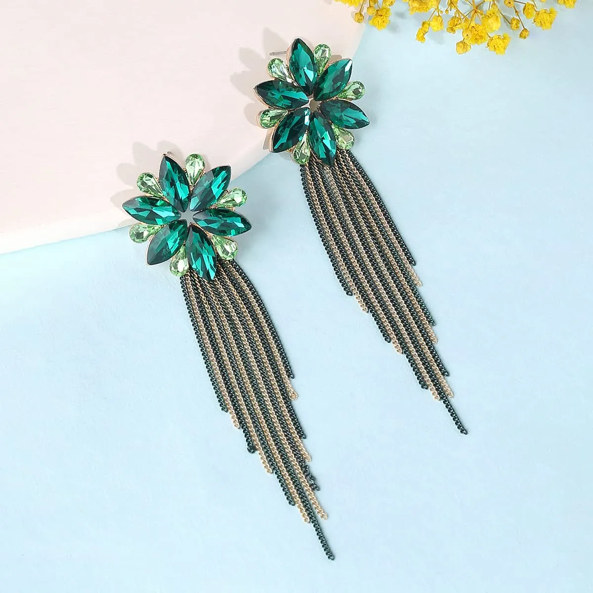 Yellow Chimes Crystal Danglers Earrings for Women Floral Shaped Crystal Green Long Chain Dangler Earrings for Women and Girls