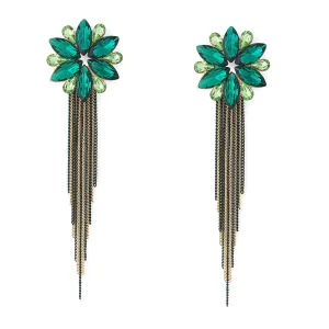Yellow Chimes Crystal Danglers Earrings for Women Floral Shaped Crystal Green Long Chain Dangler Earrings for Women and Girls