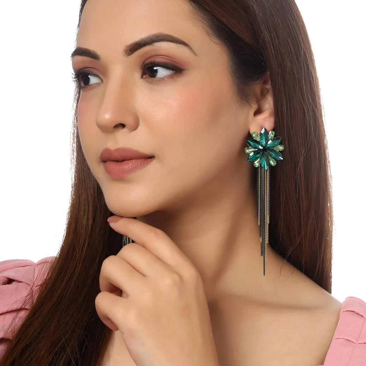 Yellow Chimes Crystal Danglers Earrings for Women Floral Shaped Crystal Green Long Chain Dangler Earrings for Women and Girls