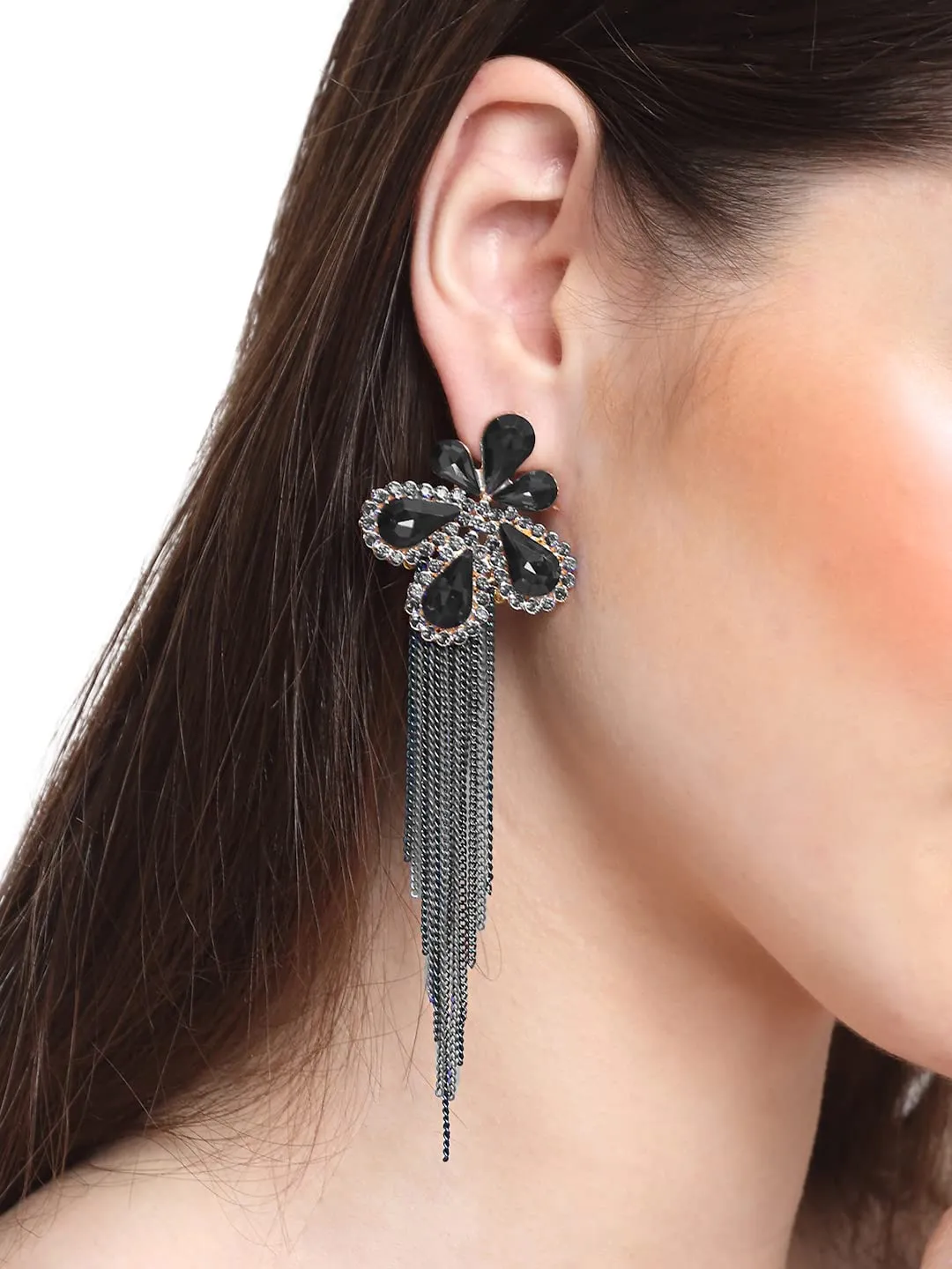 Yellow Chimes Danglers Earrings for Women Gold Plated Floral Shaped Crystal Black Long Chain Dangler Earrings for Women and Girls