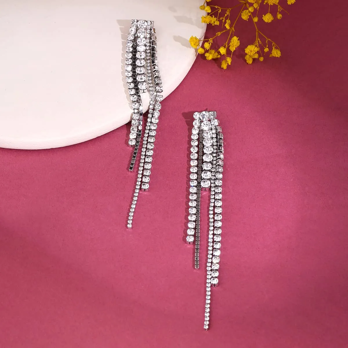 Yellow Chimes Earrings For Women Silver Toned Crystal Studded Dangler Earrings For Women and Girls