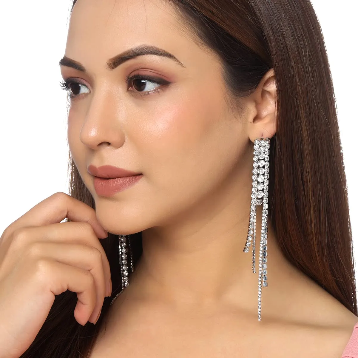 Yellow Chimes Earrings For Women Silver Toned Crystal Studded Dangler Earrings For Women and Girls